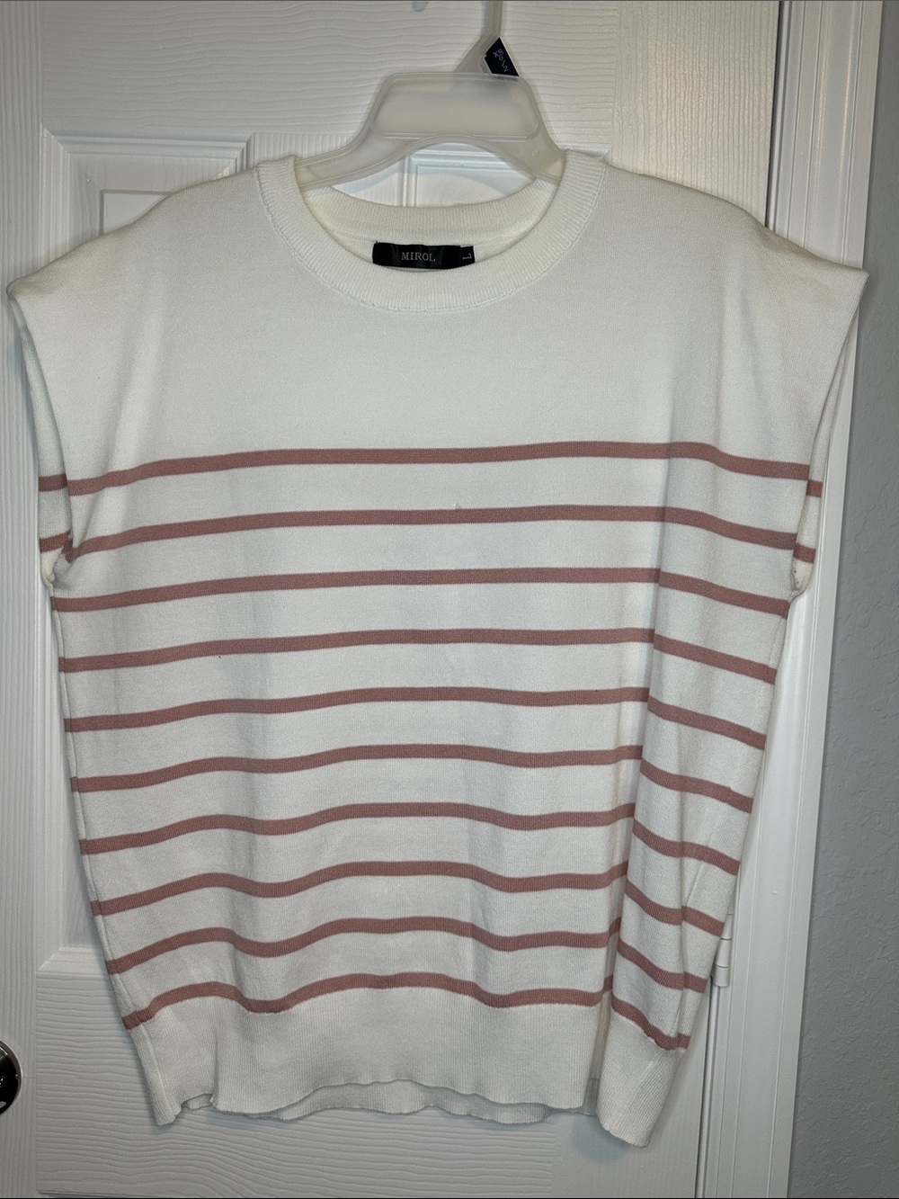 MIROL Cream Crewneck Sweater with Dusty Pink Stripes